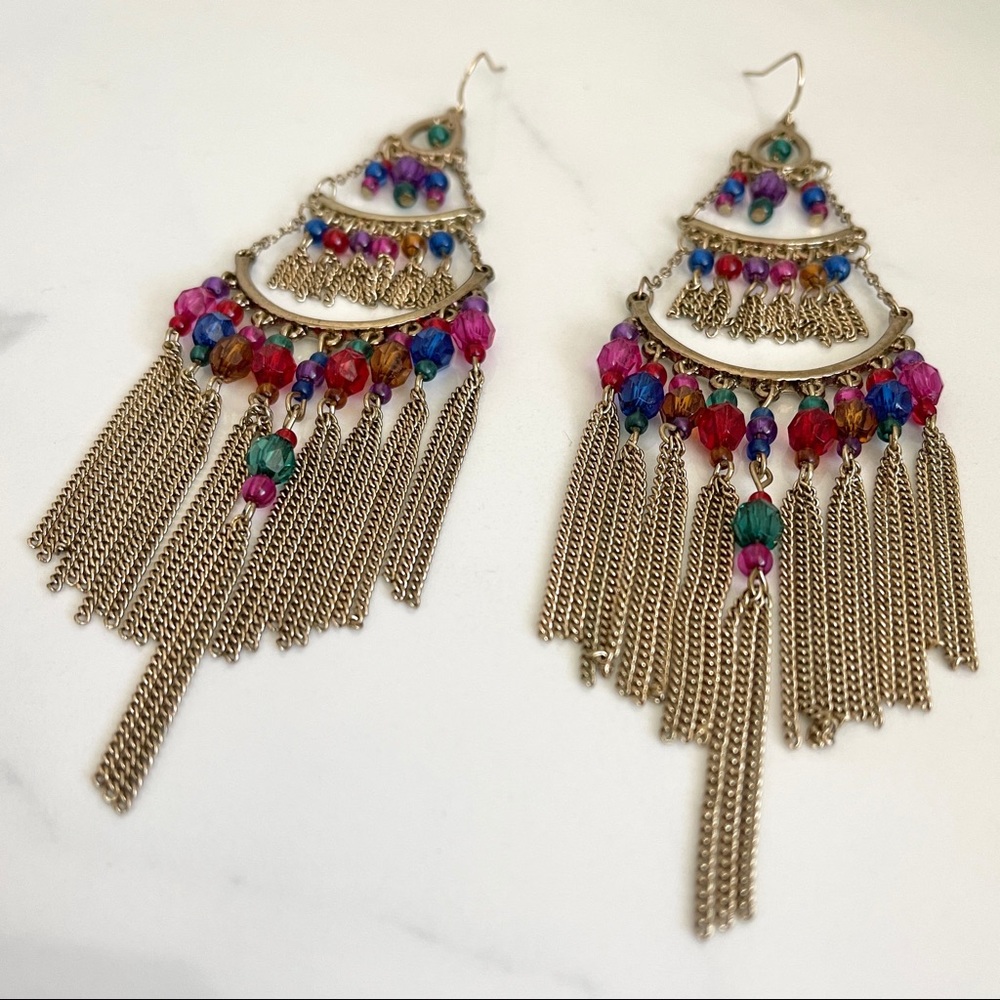 Long Dramatic Boho Aesthetic Bead Statement Earrings Pink Teal Blue and Gold